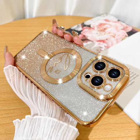 Fiyart Designed for iPhone 15 Pro Case,Compatible with MagSafe Love Heart Plating Camera Protection Clear Phone Case, Magnetic Glitter for Women Girls Shockproof Back Bumper 6.1"-Gold