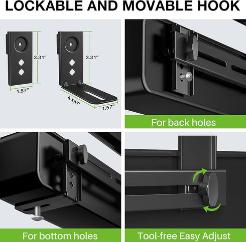 USX MOUNT Soundbar Mount for TV, Sound Bar Mount Up to 13.2 lbs, Two Removable and Lockable Hooks for Back or Bottom