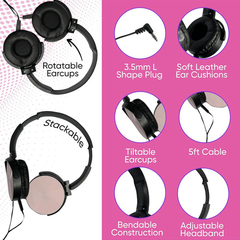 Wired On-Ear Leather Headphones, 3.5mm Connector, Round Metal Housing, Bulk Wholesale, Black Color, 5 Pack