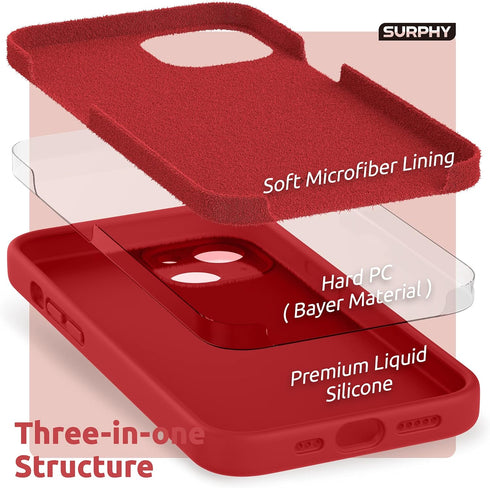 SURPHY iPhone 13 Case (6.1", 2021) - Red Liquid Silicone with Screen Protector, Camera Protection & Soft Microfiber