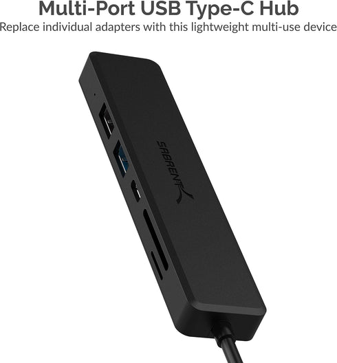 SABRENT Multi-Port USB Type-C Hub with 4K HDMI, Power Delivery 60 Watts, USB 3.0, USB 2.0, SD/microSD Card Reader