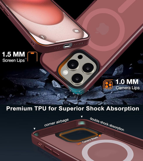 iPhone 15 Pro Max Case - Strong Magnetic Maroon, Military Grade Drop Tested, Compatible with MagSafe, Slim Frosted 6.7"