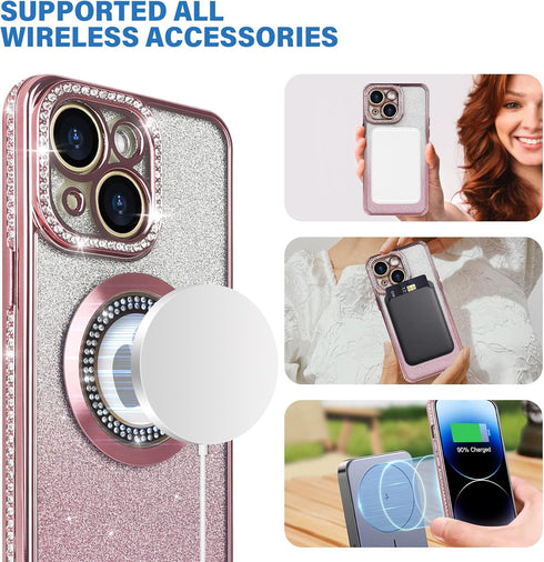 Losin 15 Compatible with iPhone Magnetic Glitter Case Compatible with MagSafe Luxury Bling Rhinestone Case with Logo