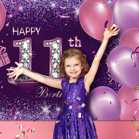Happy Birthday Party Decorations, Large 72.8 x 43.3 Inch Fabric Backdrop for Girls Birthday Party, Pink Purple