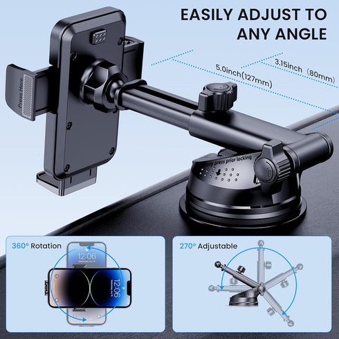 Phone Holder Car with Military-Grade Suction, Universal Phone Holder, Thick Case Friendly Dashboard Air Vent Windshield