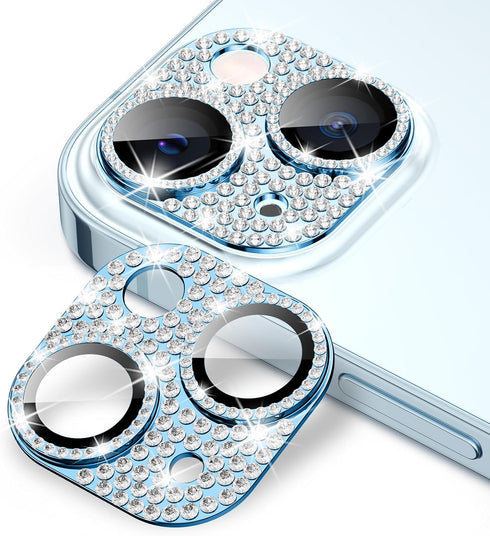 Goton Camera Lens Protector for iPhone 15 Plus, Bling Tempered Glass with Glitter Diamond Metal Cover, Blue