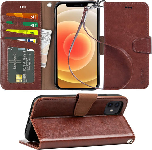 Arae Wallet Flip Cover Case with Card Holder for iPhone 12/12 Pro (6.1"), Brown