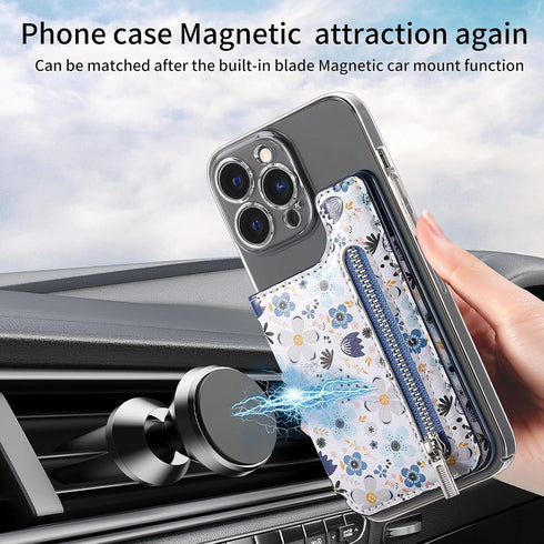 Stick on Wallet for Phone Case, Credit Adhesive Card Holder for Back of Phone Cases, Flip Leather Zipper Flower Wallet