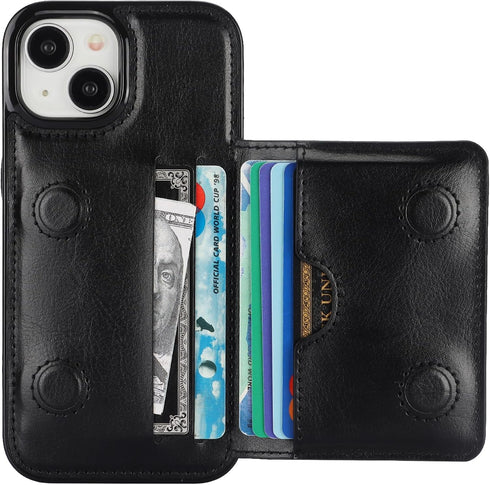 KIHUWEY iPhone 15 Wallet Case, Credit Card Holder, Premium Leather Kickstand, Shockproof Cover (Black)