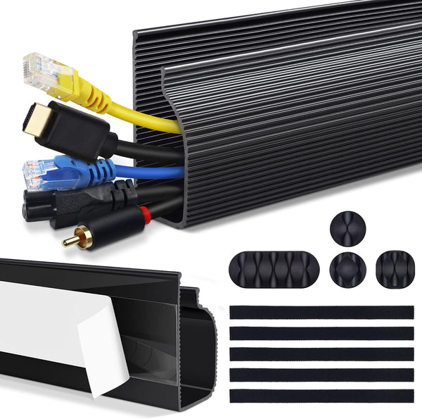 Cable Management Under Desk, Black (31.5in J Channel, 2x15.7in) - Self Adhesive Cable Raceways, Easy Install
