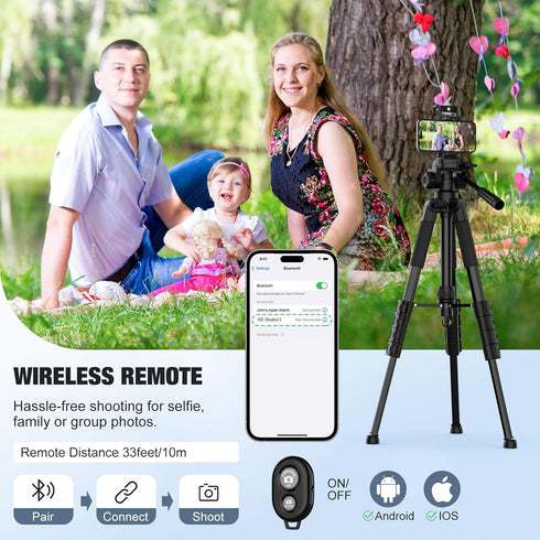 MoKo 70" Camera Tripod for iPad, iPhone, DSLR, SLR, with Travel Bag, Phone Holder, Wireless Remote, and Webcam