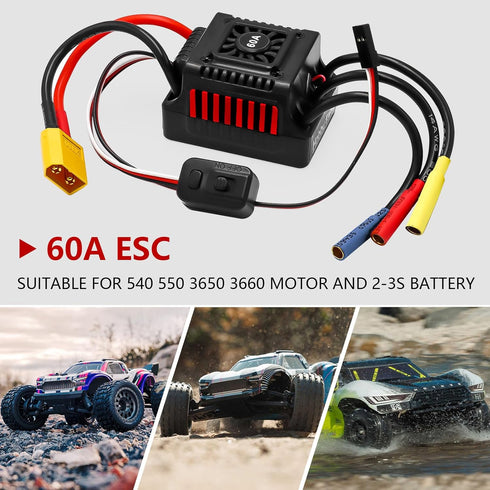 60A 2-3S Programming 1/10 Upgraded Brushless ESC Electronic Speed Controller with Card Waterproof ESC for Remote