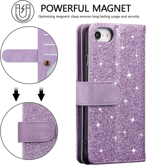 UEEBAI Wallet Case for iPhone SE 2022 5G/7/8, Retro Zipper Pocket Handbag with 9 Card Slots - Glitter Purple