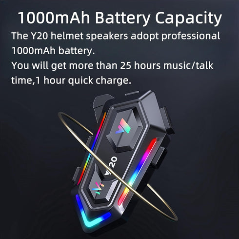 Y20 Motorcycle Helmet Bluetooth Headset, HiFi Sound, Noise Reduction, 1000mAh Battery, Waterproof, Easy Set Up