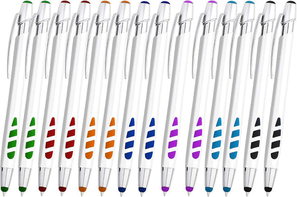 Stylus Pens - 2 in 1 Touch Screen & Writing Pen, Sensitive Tip, Assorted Barrel Colors, Black Ink, 14 Pack for Most