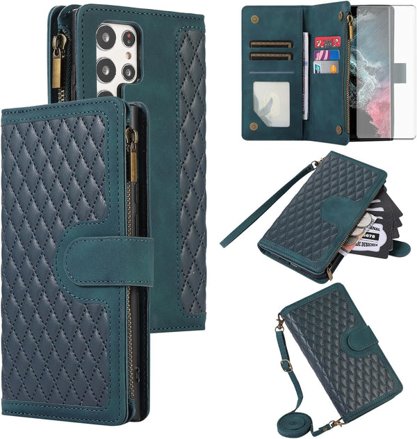 Asuwish Wallet Case for Samsung Galaxy S23 Ultra 5G - Green, 6.8" with Tempered Glass, Wrist Strap & Card Holder.