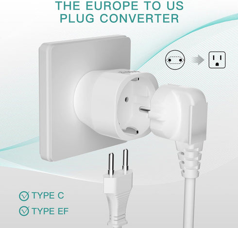 European to USA Plug Adapter, EU to US Plug Adapter for Most of Europe, Spain, France Type C/E/F Plugs to US Power