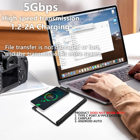 SinLoon U Shape USB Type C Spring Cable, 5Gbps Retractable 90 Degree USB3.0 to USB C Charging Cable for Devices