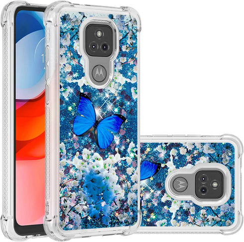 Moto G Play 2021 Case with Tempered Glass Screen Protector - Glitter Bling Floating Liquid Sparkle Soft TPU Case, Blue