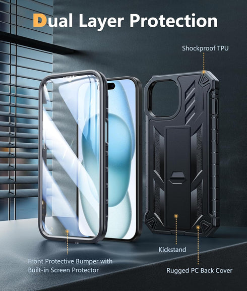 FNTCASE iPhone 15 Case: Rugged Black Dual Layer, Military Grade Shockproof, Kickstand, 6.1" Full Protection Cover.