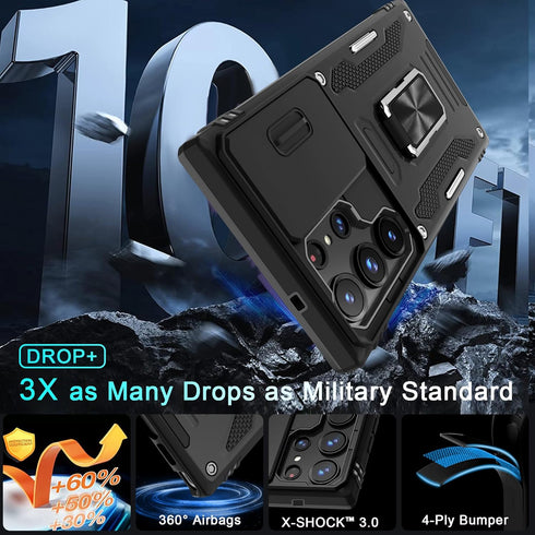 DEERLAMN Slide Camera Cover Case for Samsung Galaxy S24 Ultra with Screen Protector, Military Grade Shockproof - Black