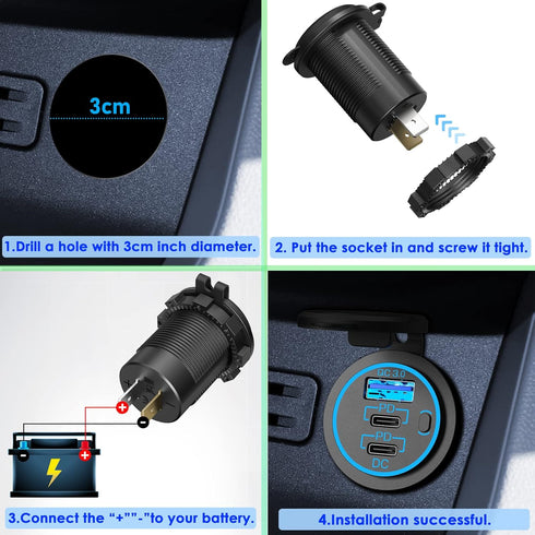 USB C Car Charger Socket, 58W Dual 20W PD3.0 USB-C and 18W QC3.0 Car USB Port with Power Switch