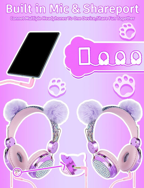 Unicorn Kids Pom Headphones with Mic, 85DB Limit, Shareport, HD Stereo Wired, Hot Purple, Perfect Travel Gift for Girls.