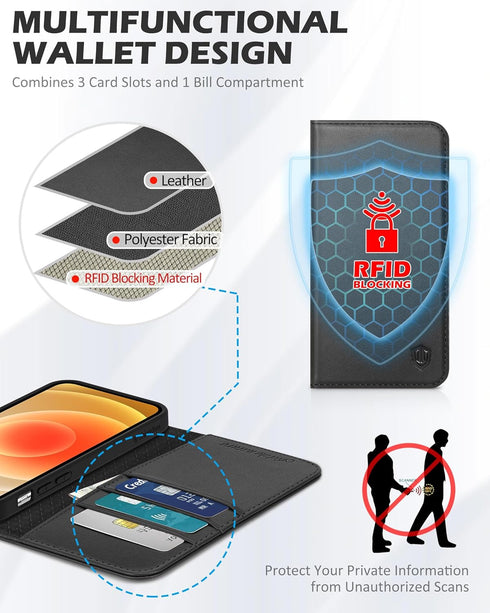 SHIELDON Case for iPhone 12/12 Pro 5G, Genuine Leather Wallet Case with RFID Blocking and Kickstand