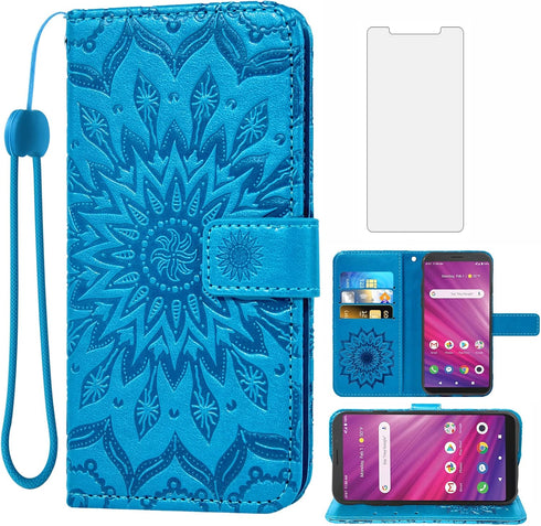 Asuwish Wallet Phone Case for Alcatel Lumos (DALN5023) / Axel (5004R) - Blue Sunflower Leather, Slim Flip, Card Holder,