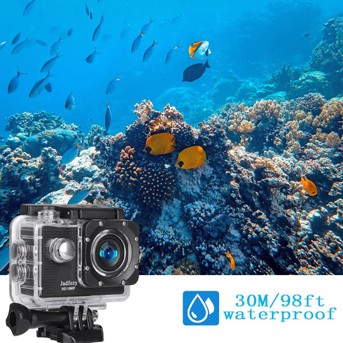 Action Camera FHD 1080P 12MP, 98FT/30M Waterproof Camera with 2 Batteries, Wide Angle Sports Camera Accessories Kit