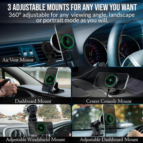 15W Fast Magnetic Wireless Car Charger, Magsafe Car Charger with 3 Mounting Options, Quick Charge 3.0 for iPhone