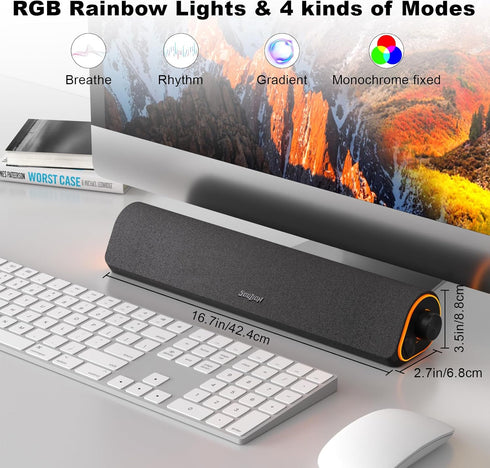 SOULION R50 Bluetooth Computer Speakers, 3.5mm PC Sound Bar, Wired USB Powered with Colorful LED Lights, Surround Sound