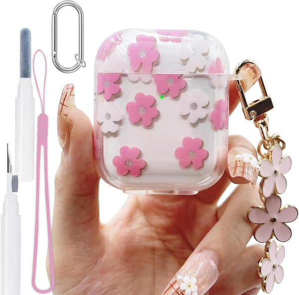 Pink Floral Clear Cover for AirPods 2 Case 1st Generation 2021, Cute Flower Pendant, Cleaning Pen Strap Accessories Set