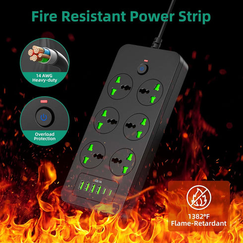 Universal Power Strip with 6 Outlets, 4 USB, 2 USB C Ports, 3.1A Fast Charge, Flat Plug Extension Cord for Home Office