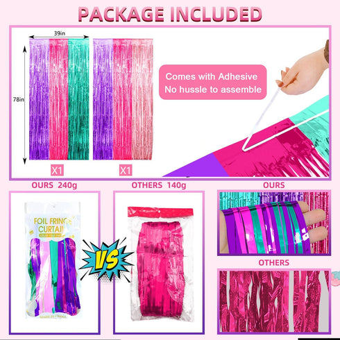 Satankya 2 Pack Cute Dollhouse Birthday Decorations, Dollhouse Party Photo Booth Prop, Purple Pink Teal Fringe Curtains