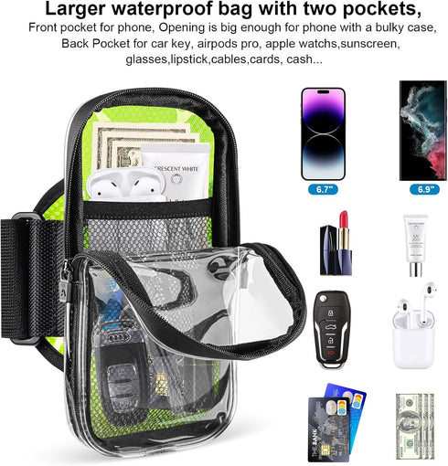 Clear Sports Armband Case for iPhone 15 14 13 Pro Max 12 11 Plus X XS Samsung up to 6.9'', Universal Holder with Key