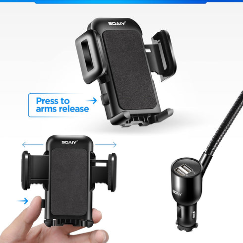SOAIY 3-in-1 Cigarette Lighter Car Mount - Dual USB 3.1A Charger with Adjustable Gooseneck & 360° Rotating Cradle