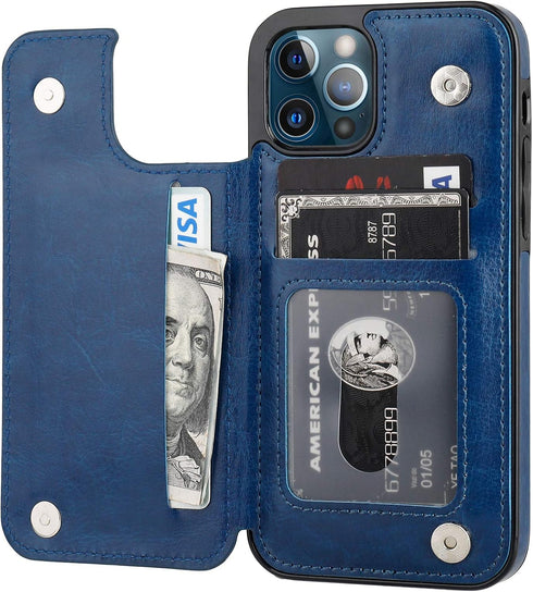 ONETOP Wallet Case for iPhone 12 and iPhone 12 Pro, PU Leather Kickstand with Card Holder, Shockproof Cover, Blue
