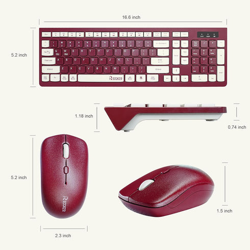 Wireless Keyboard and Mouse Combo, 2.4G Full-Sized Keyboard and Mouse, Dual-System for Computer/Laptop (Wine Red)