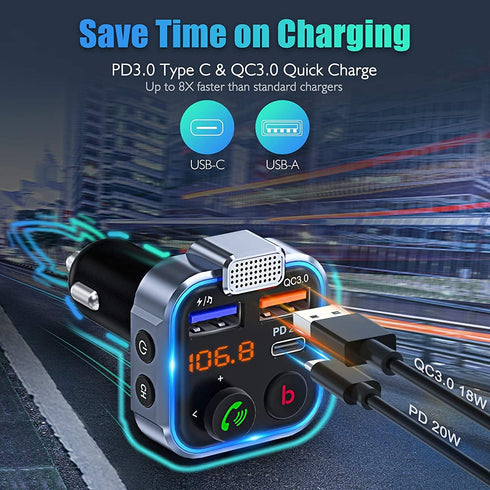 LENCENT Wireless Bluetooth 5.0 FM Transmitter Car Kit, Type-C PD 20W + QC3.0 Fast USB Charger, Hands-Free Calling, Hi