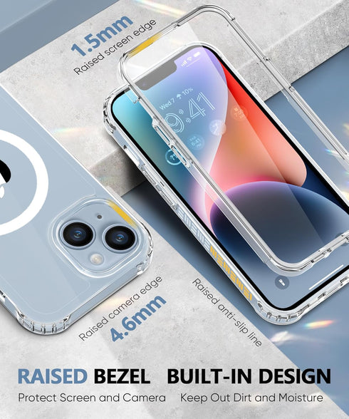 iPhone 14 Plus Case - Magnetic, Clear, Full Body Shockproof, Built-in Screen & Camera Lens Protectors, MagSafe