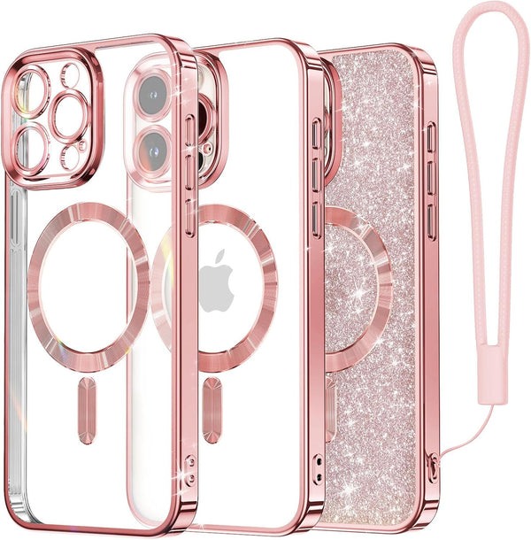 Meifigno Candy Mag Series Case for iPhone 15 Pro Max, Rose Gold, Full Camera Protection, MagSafe Compatible, Glitter