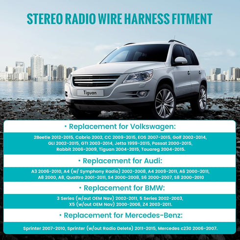 Stereo Radio Wire Harness with Antenna Adapter for BMW, Volkswagen, Mercedes-Benz Aftermarket Radio Connector