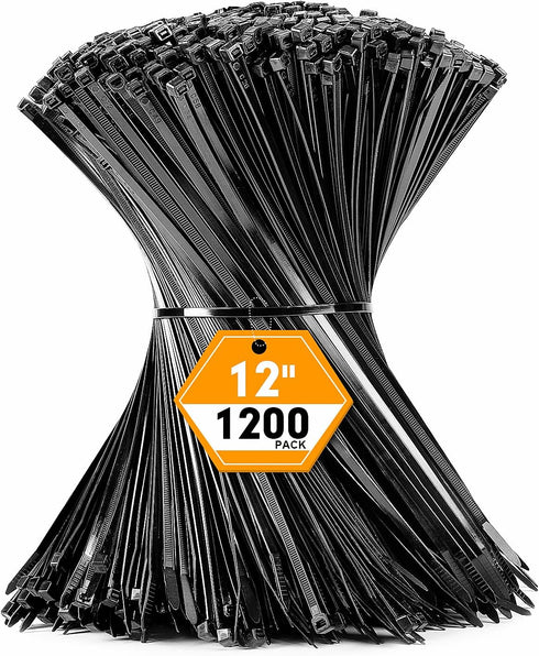 RAZCC 1200pcs Black Cable Zip Ties 12 Inch, Heavy Duty Plastic Nylon