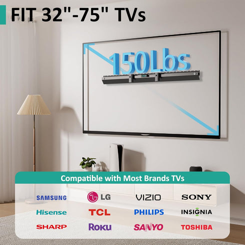 No Stud TV Wall Mount for 32-75 inch TVs, Heavy Duty No Drill Bracket Holds Up to 150 lbs, Easy Installation
