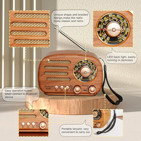 Portable Vintage Radio Bluetooth Speaker, FM/AM/SW Classic Style, Rechargeable Battery Powered & USB Charging