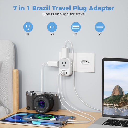 TESSAN Brazil Power Adapter, US to Brazil Travel Plug with 4 American Outlets 3 USB Charger (1 USB C Port), Type N Adaptor for USA to Brazilian Brazil