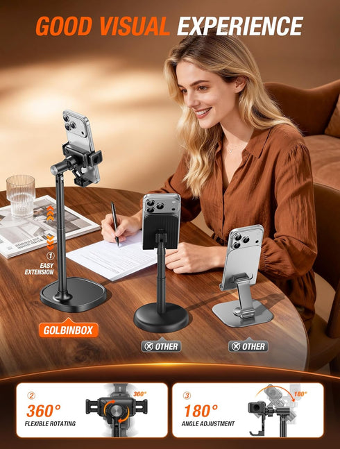GolbinBox 180 360 Phone Stand for Desk - Quick Release, Adjustable Height & Angle, Flip & Rotation, Universal Desktop