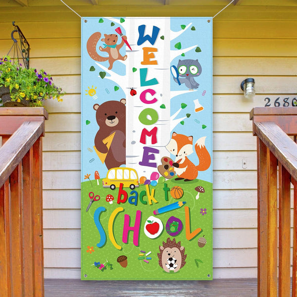 Welcome Banner - First Day of School Door Cover Woodland Animal Friends Photo Backdrop for Classroom School Party