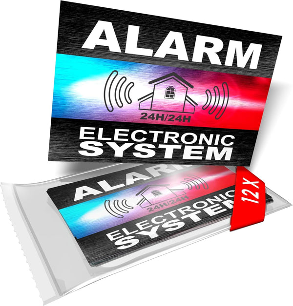 Alarm Deterrent Stickers - System Electronic Police Beacon - Pack of 12, Dimensions 8.5 x 5.5 cm